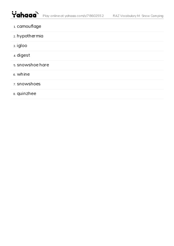 RAZ Vocabulary M: Snow Camping PDF words glossary