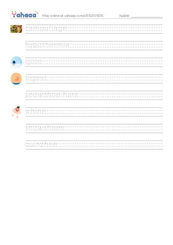 RAZ Vocabulary M: Snow Camping PDF write between the lines worksheet