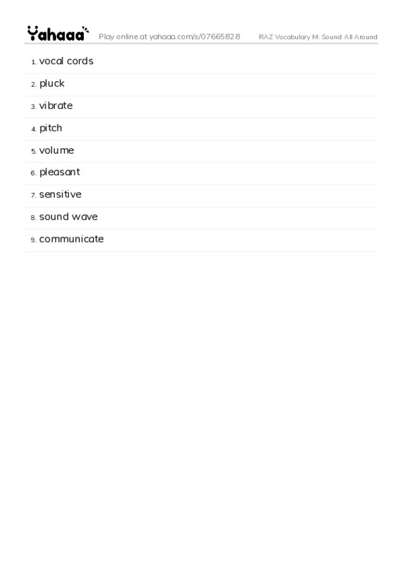 RAZ Vocabulary M: Sound All Around PDF words glossary