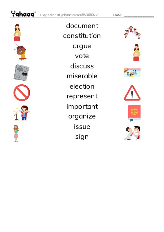 RAZ Vocabulary M: The Creature Constitution PDF three columns match words