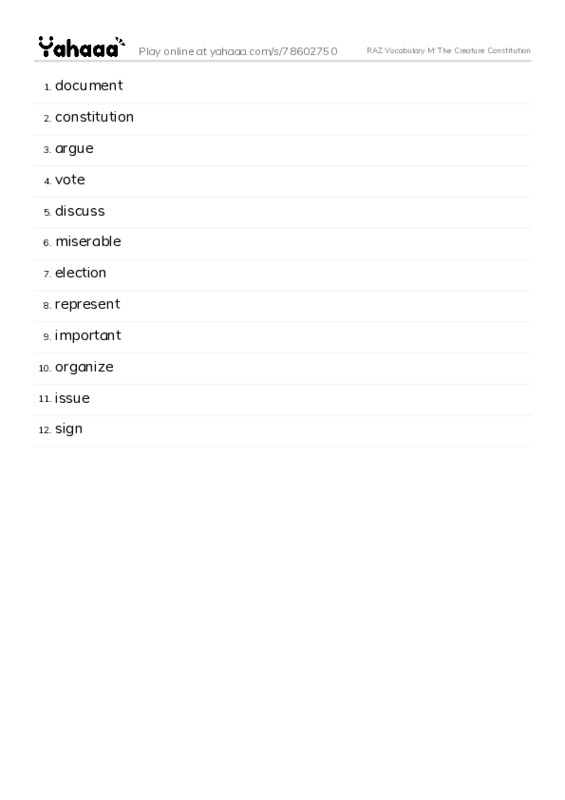 RAZ Vocabulary M: The Creature Constitution PDF words glossary