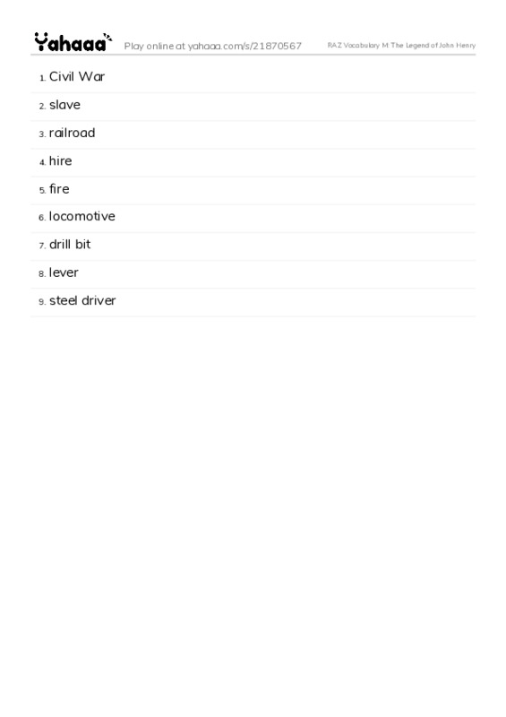 RAZ Vocabulary M: The Legend of John Henry PDF words glossary