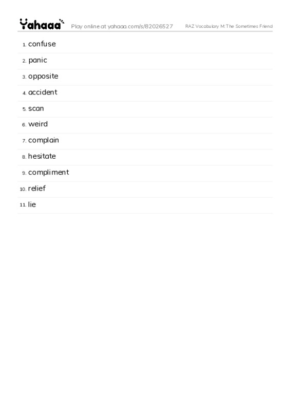 RAZ Vocabulary M: The Sometimes Friend PDF words glossary