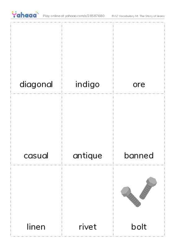 RAZ Vocabulary M: The Story of Jeans PDF flaschards with images
