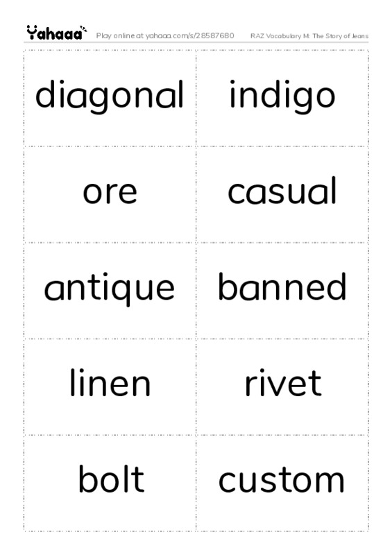RAZ Vocabulary M: The Story of Jeans PDF two columns flashcards
