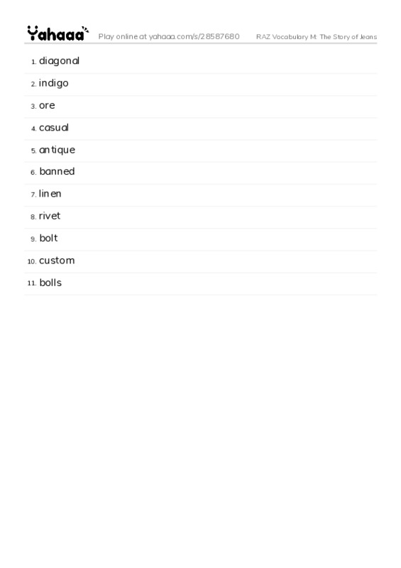 RAZ Vocabulary M: The Story of Jeans PDF words glossary