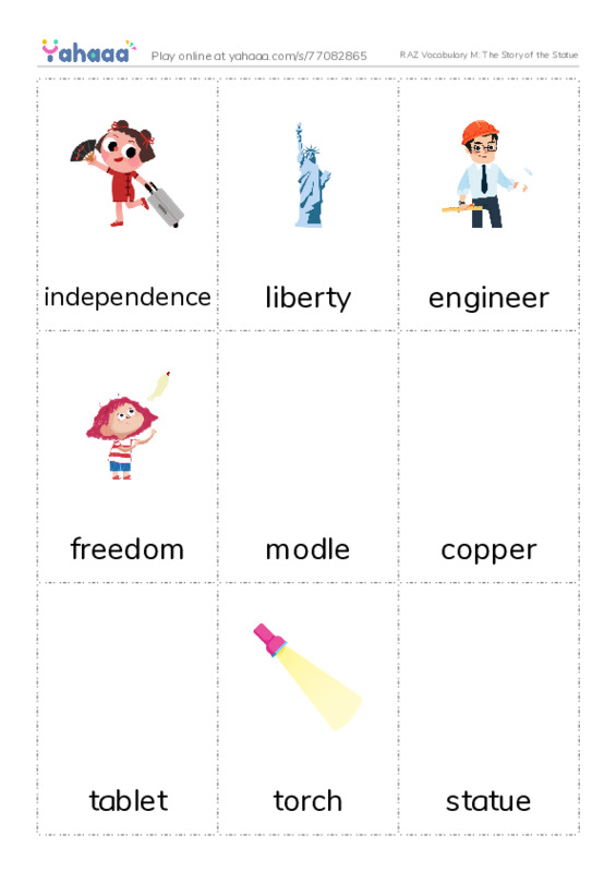 RAZ Vocabulary M: The Story of the Statue PDF flaschards with images
