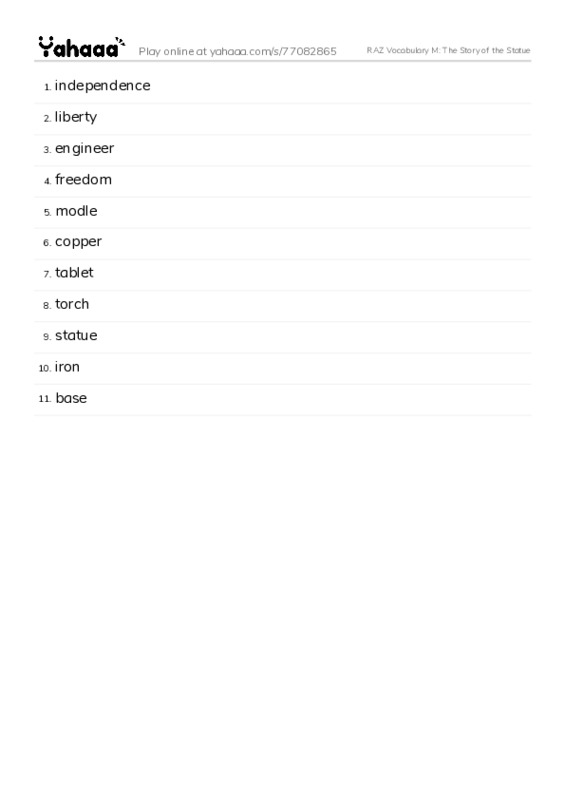 RAZ Vocabulary M: The Story of the Statue PDF words glossary
