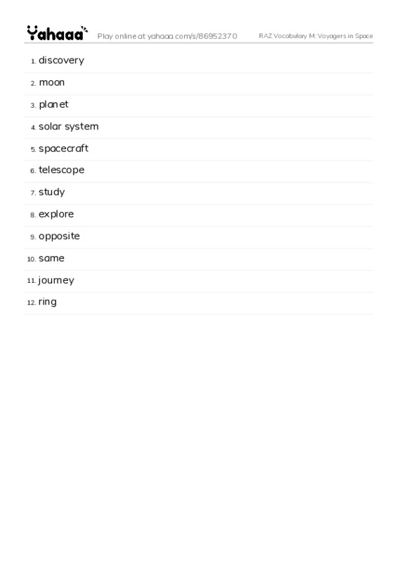 RAZ Vocabulary M: Voyagers in Space PDF words glossary