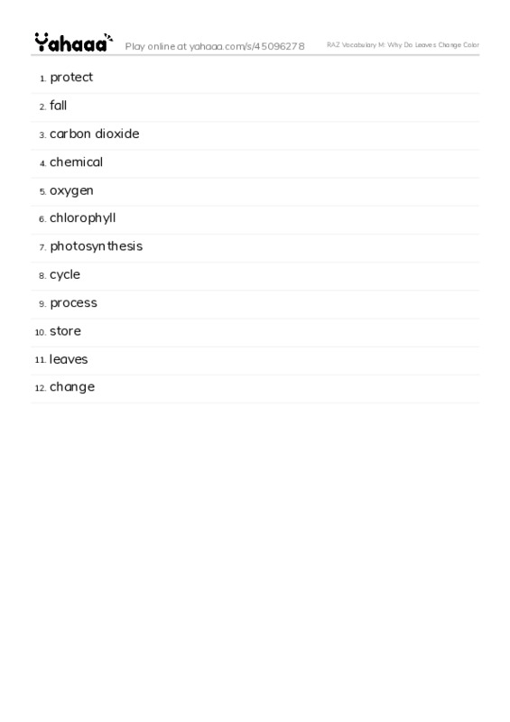 RAZ Vocabulary M: Why Do Leaves Change Color PDF words glossary