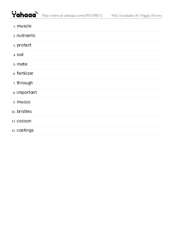 RAZ Vocabulary M: Wiggly Worms PDF words glossary