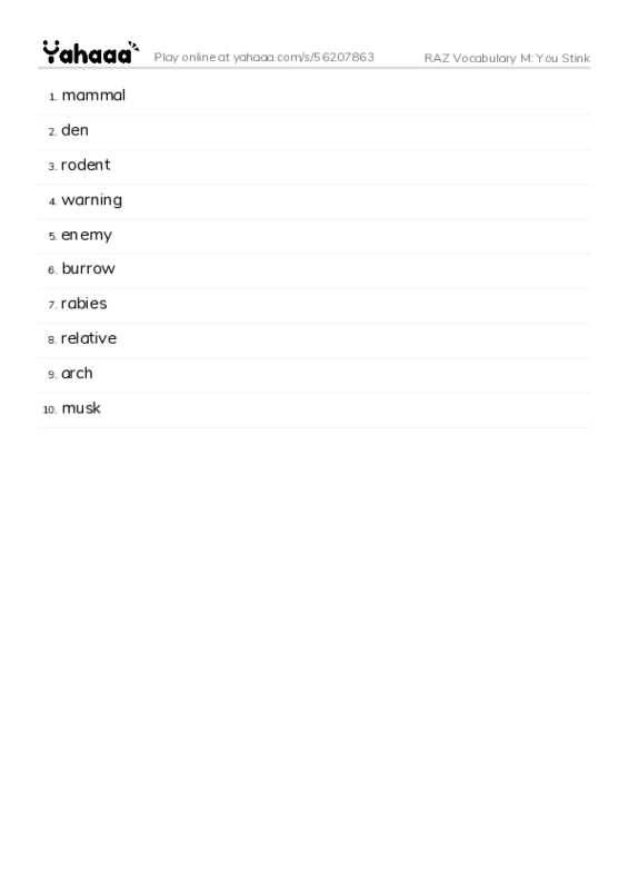 RAZ Vocabulary M: You Stink PDF words glossary