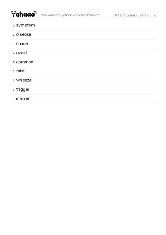 RAZ Vocabulary N: Asthma PDF words glossary