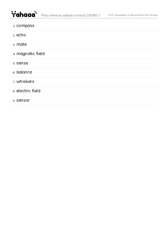 RAZ Vocabulary N: Beyond the Five Senses PDF words glossary