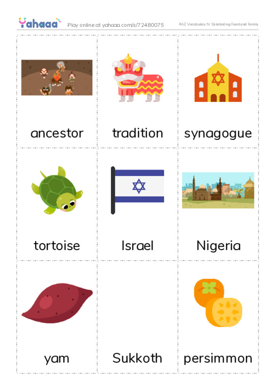 RAZ Vocabulary N: Celebrating Food and Family PDF flaschards with images