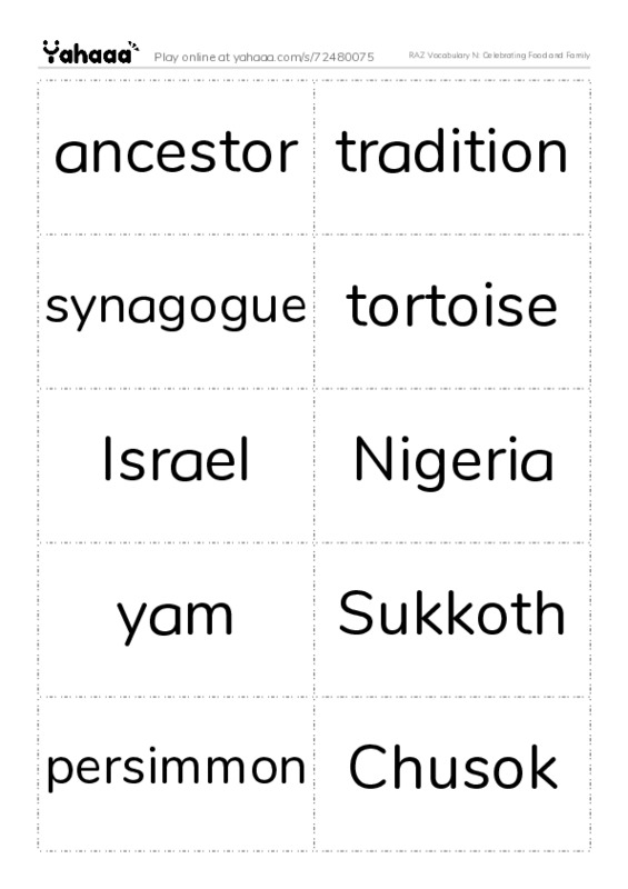 RAZ Vocabulary N: Celebrating Food and Family PDF two columns flashcards