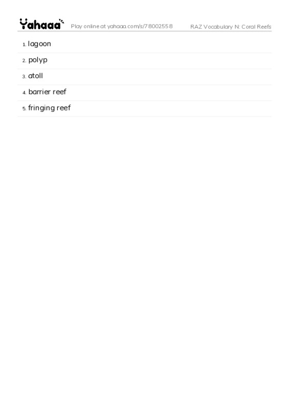 RAZ Vocabulary N: Coral Reefs PDF words glossary