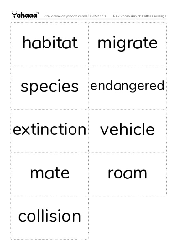 RAZ Vocabulary N: Critter Crossings PDF two columns flashcards