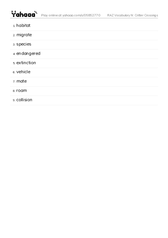 RAZ Vocabulary N: Critter Crossings PDF words glossary