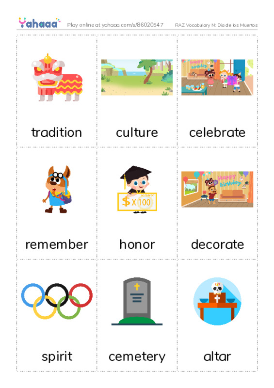 RAZ Vocabulary N: Dia de los Muertos PDF flaschards with images