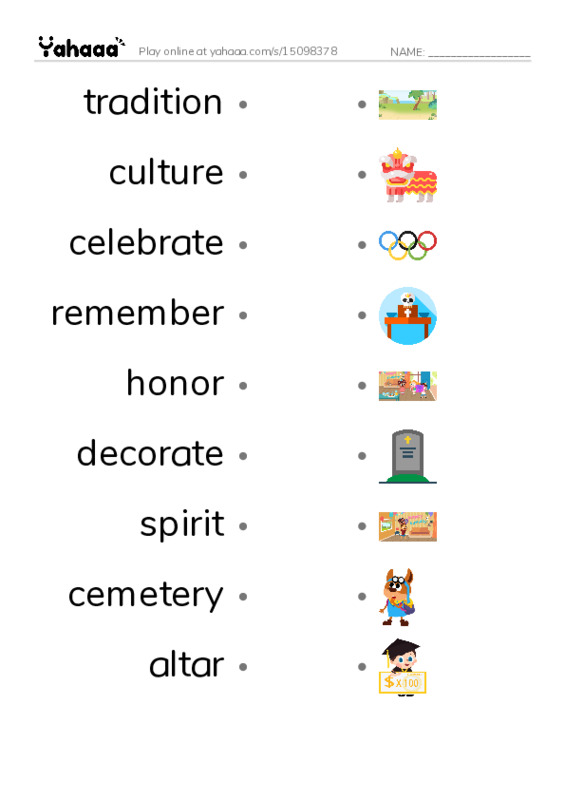 RAZ Vocabulary N: Dia de los Muertos PDF link match words worksheet