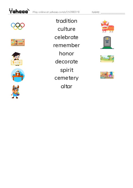 RAZ Vocabulary N: Dia de los Muertos PDF three columns match words