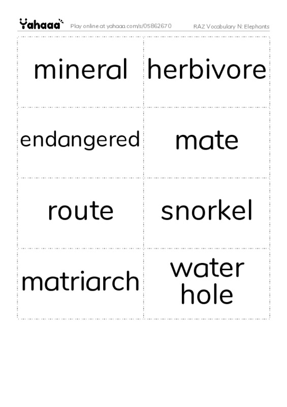 RAZ Vocabulary N: Elephants PDF two columns flashcards