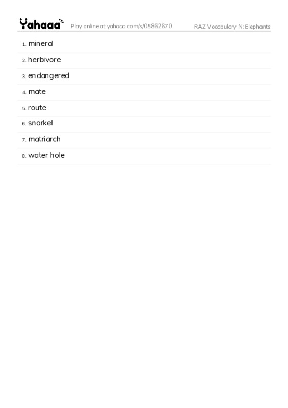 RAZ Vocabulary N: Elephants PDF words glossary