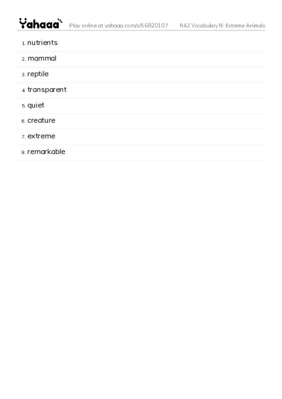 RAZ Vocabulary N: Extreme Animals PDF words glossary