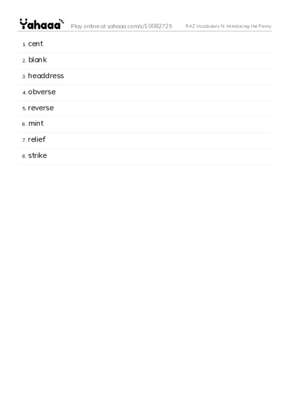 RAZ Vocabulary N: Introducing the Penny PDF words glossary