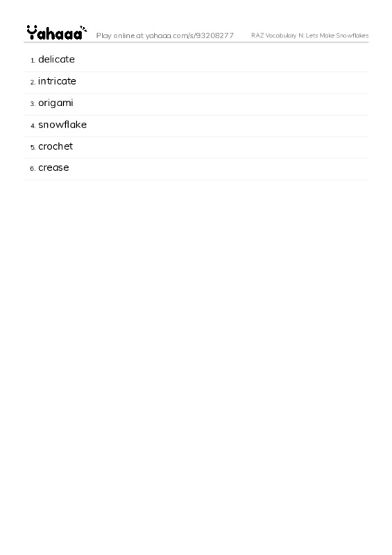 RAZ Vocabulary N: Lets Make Snowflakes PDF words glossary