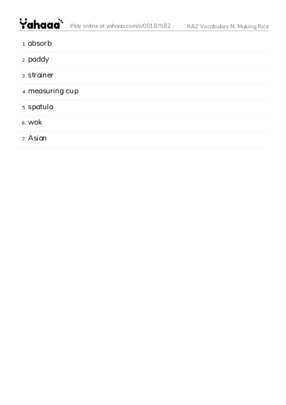 RAZ Vocabulary N: Making Rice PDF words glossary