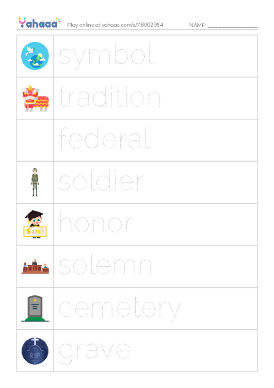 RAZ Vocabulary N: Memorial Day PDF one column image words
