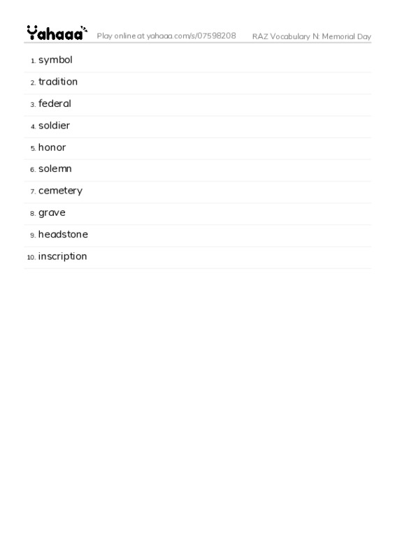 RAZ Vocabulary N: Memorial Day PDF words glossary