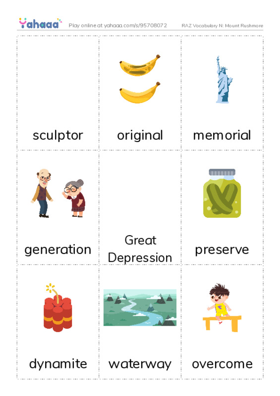 RAZ Vocabulary N: Mount Rushmore PDF flaschards with images