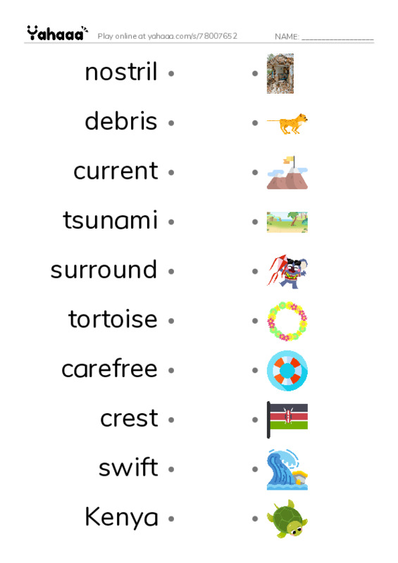 RAZ Vocabulary N: Owen and the Tortoise PDF link match words worksheet