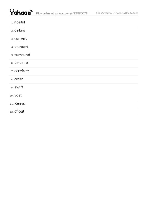RAZ Vocabulary N: Owen and the Tortoise PDF words glossary