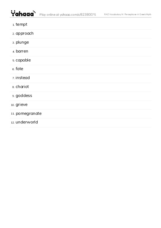 RAZ Vocabulary N: Persephone A Greek Myth PDF words glossary