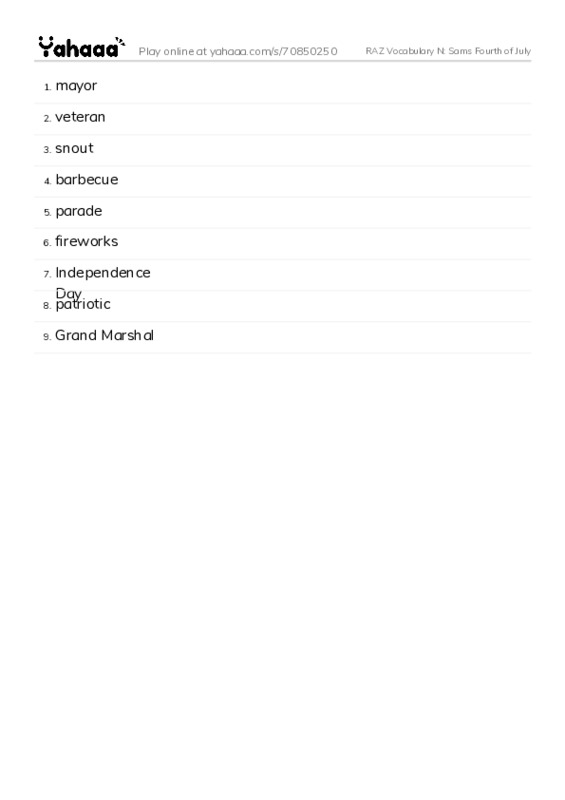 RAZ Vocabulary N: Sams Fourth of July PDF words glossary