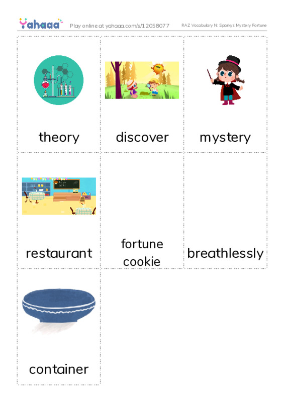 RAZ Vocabulary N: Sparkys Mystery Fortune PDF flaschards with images