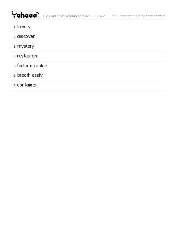 RAZ Vocabulary N: Sparkys Mystery Fortune PDF words glossary