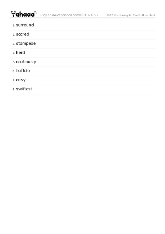 RAZ Vocabulary N: The Buffalo Hunt PDF words glossary