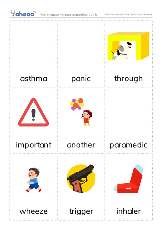RAZ Vocabulary N: The Day I Couldnt Breathe PDF flaschards with images