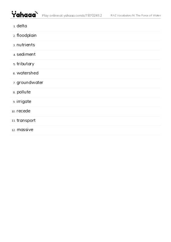 RAZ Vocabulary N: The Force of Water PDF words glossary