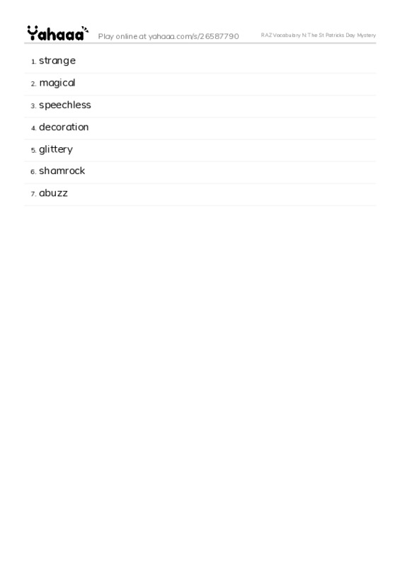 RAZ Vocabulary N: The St Patricks Day Mystery PDF words glossary