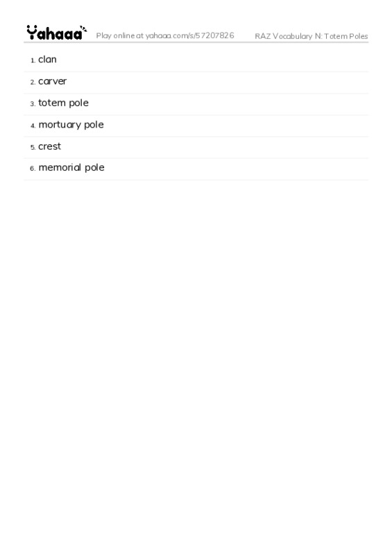 RAZ Vocabulary N: Totem Poles PDF words glossary