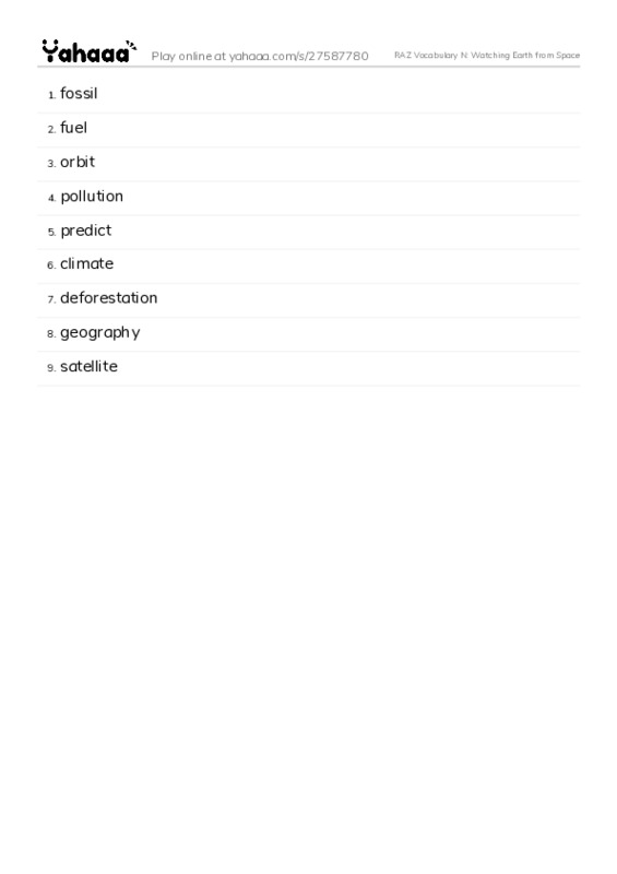 RAZ Vocabulary N: Watching Earth from Space PDF words glossary