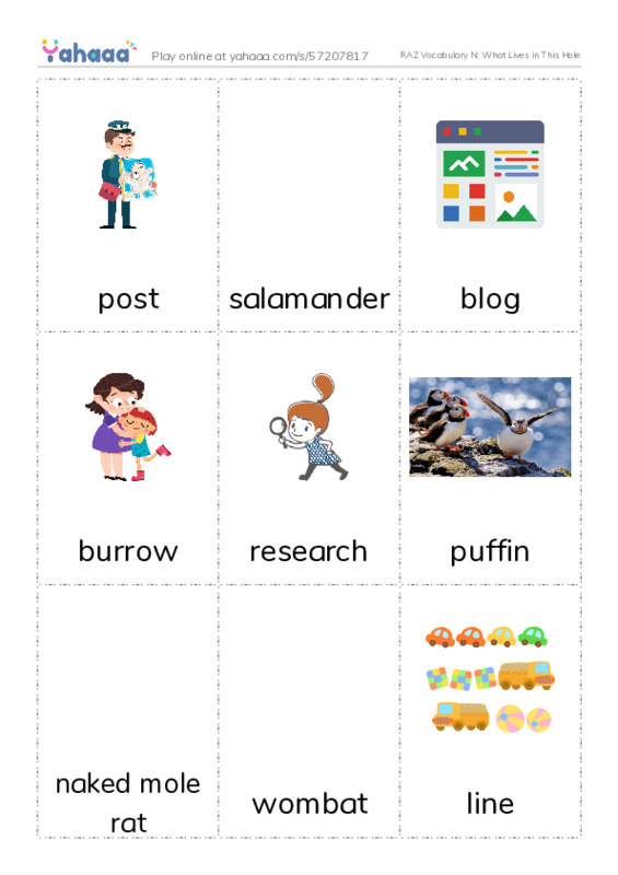 RAZ Vocabulary N: What Lives in This Hole PDF flaschards with images