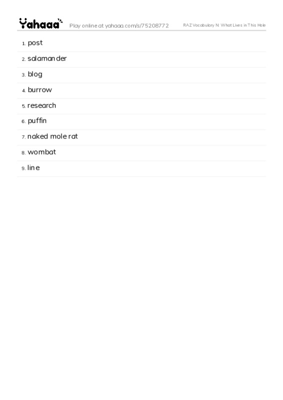 RAZ Vocabulary N: What Lives in This Hole PDF words glossary