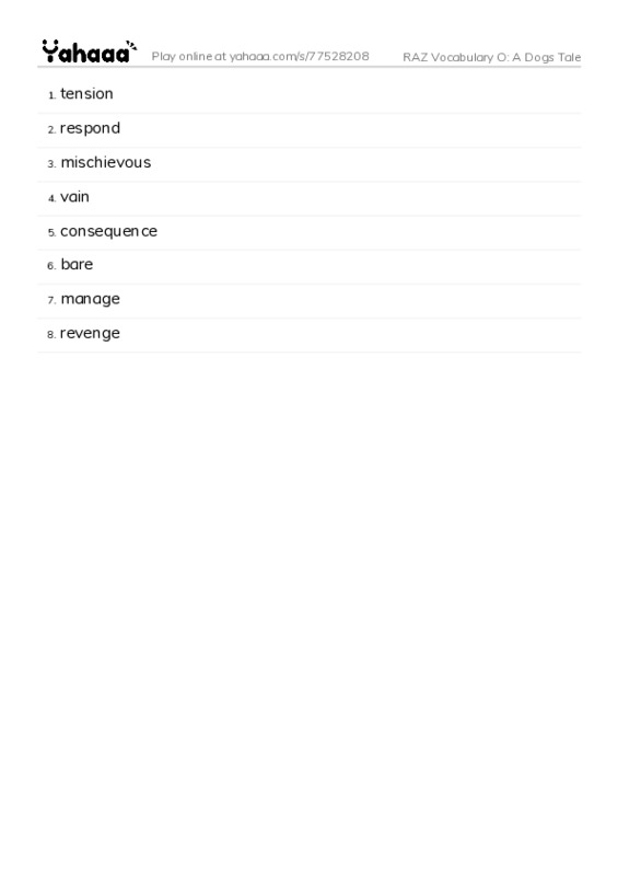 RAZ Vocabulary O: A Dogs Tale PDF words glossary